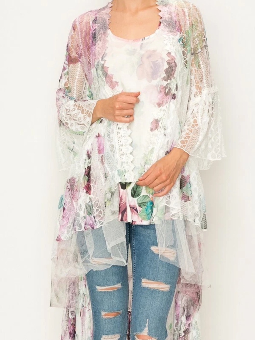 ORIGAMI Designer Floral Lace Bohemian Western Duster Cardigan Tank Set - L
